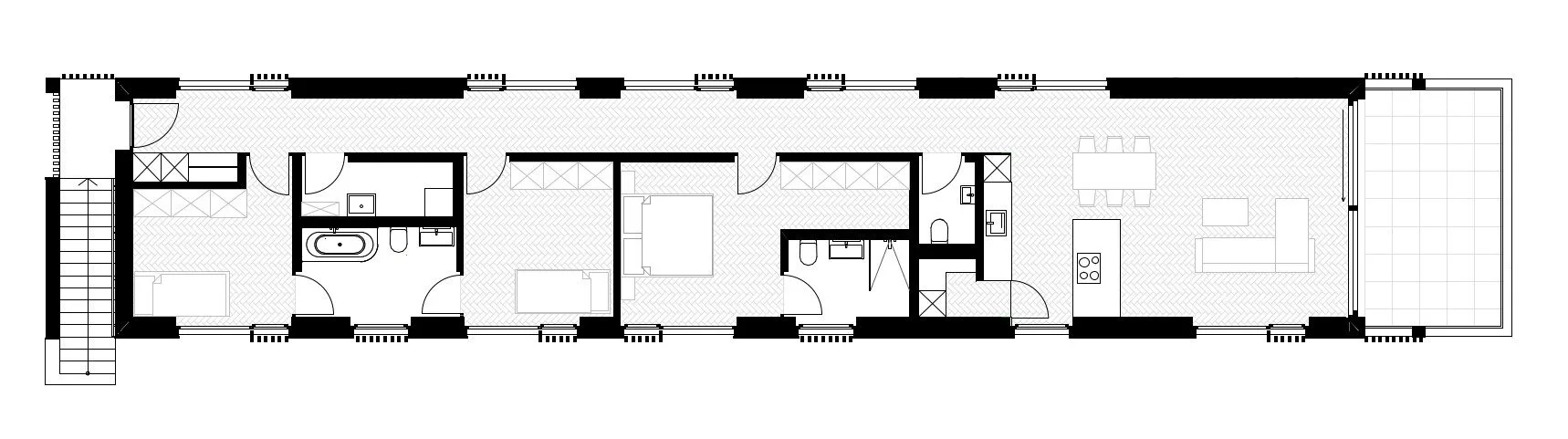 Grundriss einer Wohnung mit Küche und Wohnzimmer.