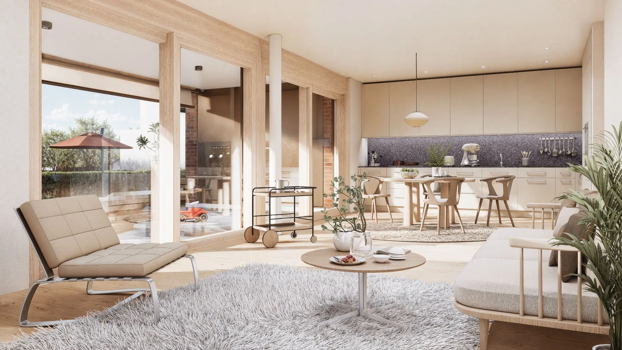 Modernes Wohnzimmer mit Küchenbereich und großen Fenstern.